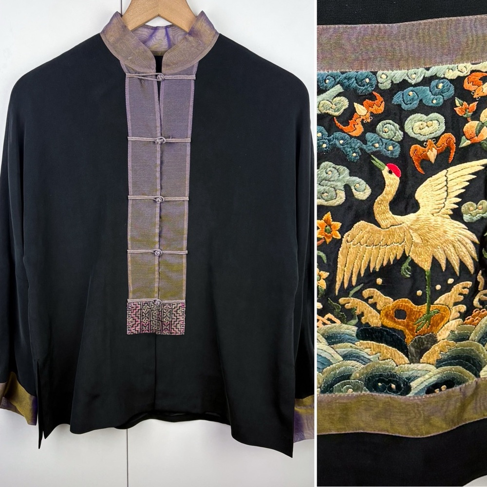 Five Colors Earth 100% Silk Crane Embroidered Tangzhuang Mandarin Shirt Jacket